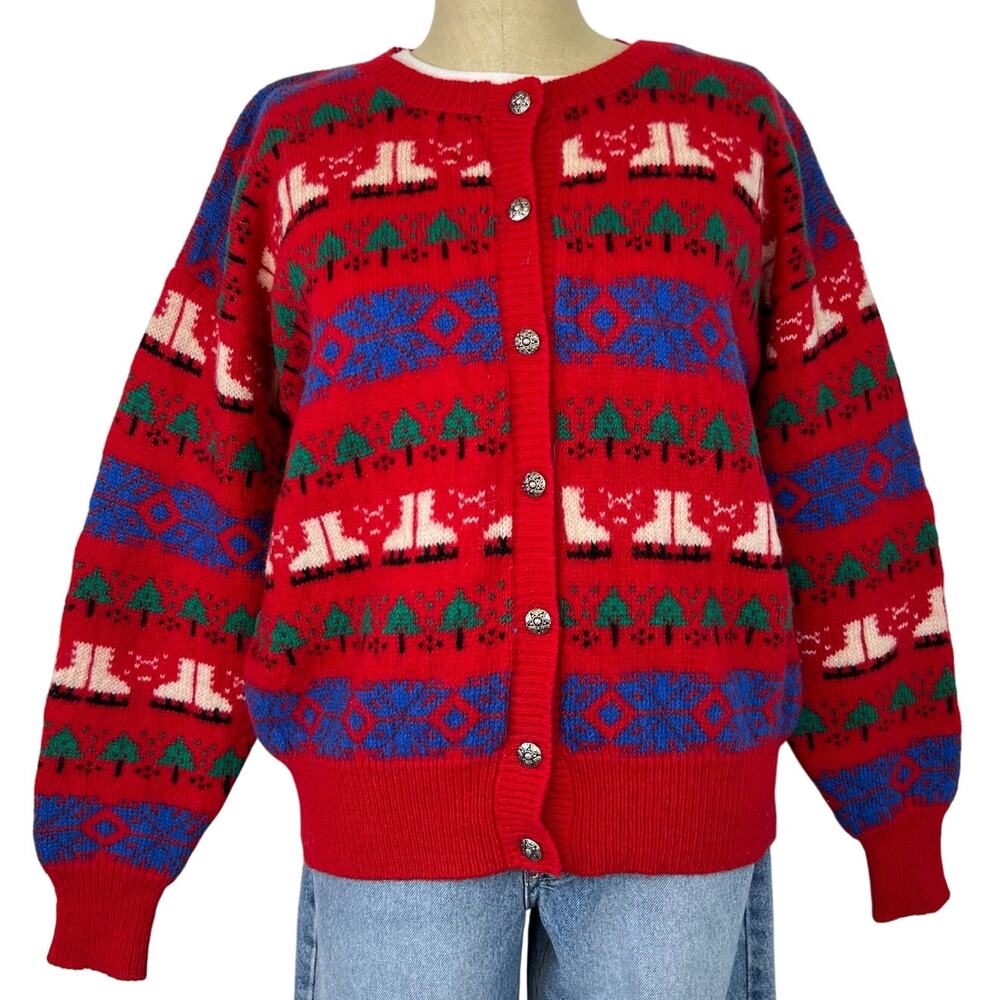 Vintage Robert Scott Ltd 100% Wool Holiday Ice Skate Cardigan Knit Sweater (M)